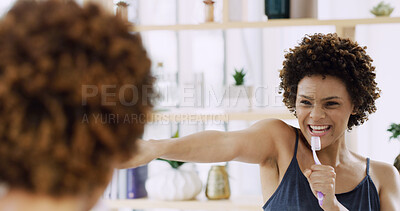 Buy stock photo Brushing teeth, mirror and singing with woman in bathroom of home for energy, fun or hygiene. Cleaning, reflection and toothbrush with African person in apartment for dental results or satisfaction