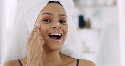 Buy stock photo Towel, face cream or happy woman with skincare in bathroom for natural beauty. Confidence, apply and person in home for cosmetic benefits, facial glow and treatment with smile, portrait or lotion