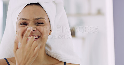 Buy stock photo Towel, moisturiser or happy woman with skincare in bathroom for natural beauty or lotion. Confidence, apply and person in home for cosmetic benefits, facial cream and treatment with smile or portrait