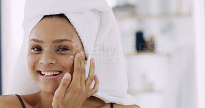 Buy stock photo Apply, moisturizer or happy woman with portrait in house bathroom for natural beauty and lotion. Confidence, towel and person with smile for cosmetic benefits, facial cream and skincare treatment