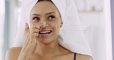 Buy stock photo Apply, thinking or happy woman with moisturizer in house for natural beauty or lotion. Confidence, towel and person in home for cosmetic benefits, facial cream and treatment with smile or skincare