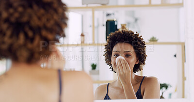 Buy stock photo Girl, mirror and cotton pad for skincare in house, cleaning or hygiene with makeup removal or skin toner. Self care, routine and African person at home with reflection for dermatology and beauty