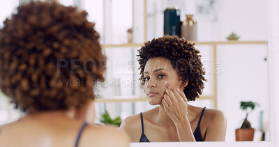 Buy stock photo Apply, face cream or African woman with mirror in home for natural beauty or wellness. Reflection, glow or person in house for cosmetic benefits, facial lotion and treatment with shine or skincare