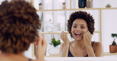 Buy stock photo Woman, mirror and flossing for dental in home, teeth and gum cleaning for hygiene, wellness and health. African person, oral care and string for whitening, morning routine and reflection in house