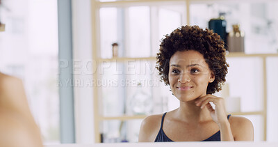 Buy stock photo Mirror, woman and happy for beauty in home with skincare results, hydration treatment and skin glow. Reflection, cosmetics and african person with smile for dermatology, morning routine and self care