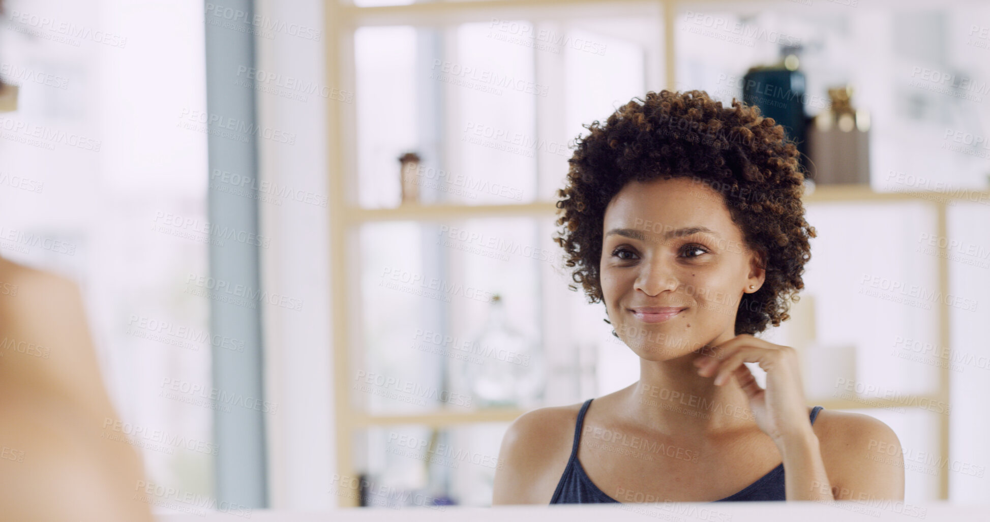Buy stock photo Mirror, woman and happy for beauty in home with skincare results, hydration treatment and skin glow. Reflection, cosmetics and african person with smile for dermatology, morning routine and self care