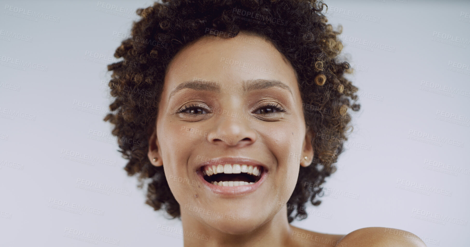 Buy stock photo Woman, smile and skincare in studio portrait with afro, confidence and pride on white background. Girl, excited and results with dermatology, cosmetics and beauty with natural makeup in Costa Rica