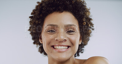 Buy stock photo Afro, portrait and smile of woman in studio for natural cosmetics or dermatology results. Aesthetic, beauty and teeth with happy model isolated on white background for cosmetology or skincare