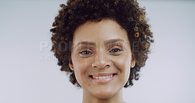 Buy stock photo Beauty, cosmetics and portrait of woman in studio for natural skincare or dermatology results. Aesthetic, afro and teeth with smile of happy African model on white background for cosmetology