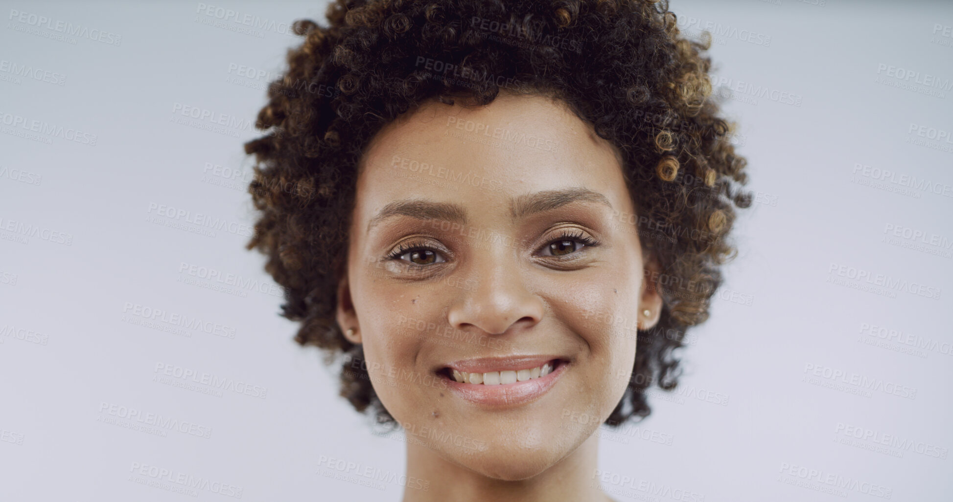 Buy stock photo Beauty, cosmetics and portrait of woman in studio for natural skincare or dermatology results. Aesthetic, afro and teeth with smile of happy African model on white background for cosmetology