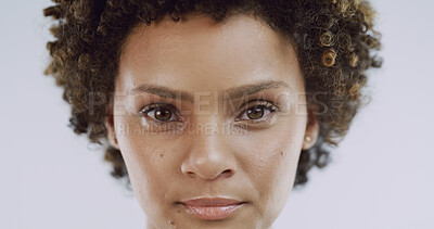 Buy stock photo Portrait, woman and skincare for glow, aesthetic and wellness on studio background. African model, person and face with cosmetic shine, satisfaction and dermatology treatment for natural beauty