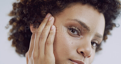 Buy stock photo Beauty, touch and glow with portrait of woman in studio for facial, collagen and dermatology. Skincare, self care and clear skin with person on white background for grooming, aesthetic and shine