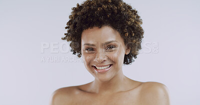Buy stock photo Beauty, portrait and smile of woman in studio for natural cosmetics or dermatology results. Aesthetic, afro and teeth with happy model isolated on white background for cosmetology or skincare