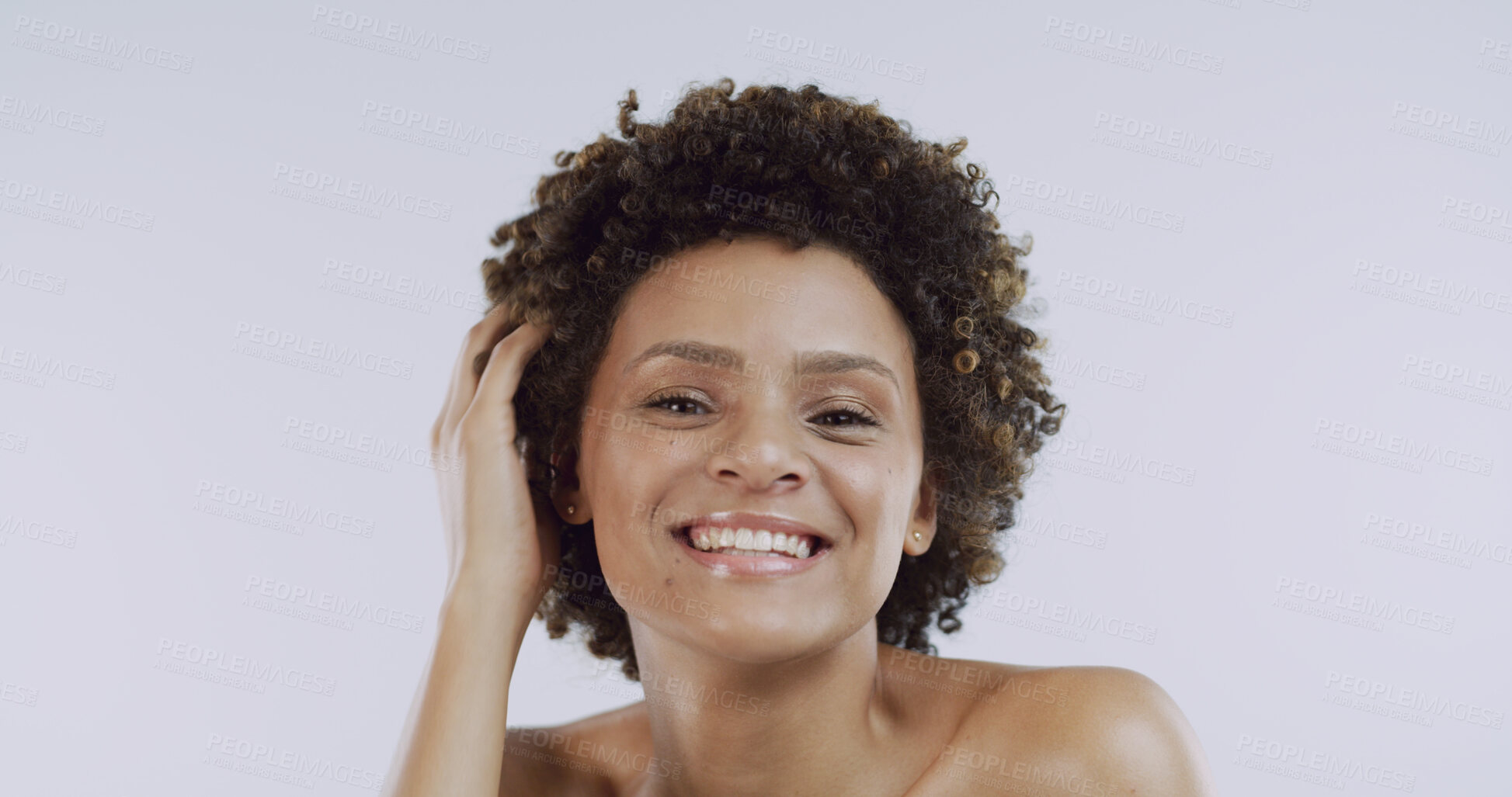 Buy stock photo Beauty, hair and portrait of woman in studio for dermatology, natural cosmetics or skincare. Aesthetic, face and wellness with happy African person on white background for haircare satisfaction
