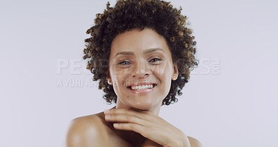 Buy stock photo Beauty, portrait and smile of happy woman in studio for natural cosmetics or dermatology results. Aesthetic, afro and teeth with African model isolated on white background for cosmetology or skincare