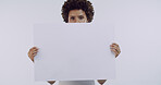 Woman, blank poster and portrait in studio with skincare, mockup space or afro on white background. African girl, model and sign for advertising, cosmetic or natural glow with dermatology in Kenya