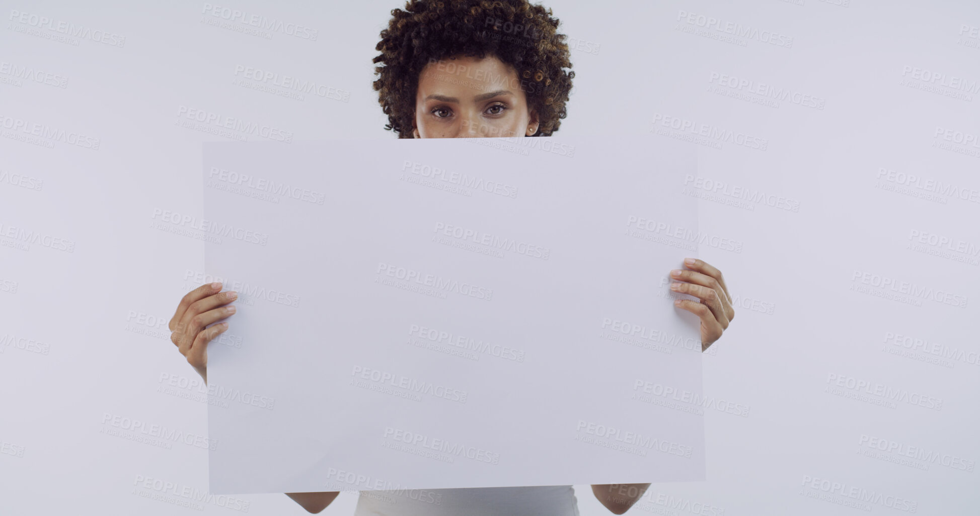 Buy stock photo Woman, poster and studio portrait with promotion, mock up space and afro on white background. Girl, blank sign and advertising with board, sale and announcement for discount deal in Costa Rica