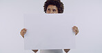 Girl, blank poster and thinking in studio with skincare, mockup space or afro on white background. African woman, model and board for advertising, cosmetic or natural glow with dermatology for beauty