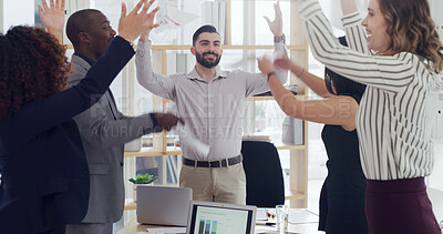 Buy stock photo Celebrate, paperwork and happy business people in office with good news, financial success and profit. Corporate, meeting and workers on laptop throw documents for victory, finance growth or increase