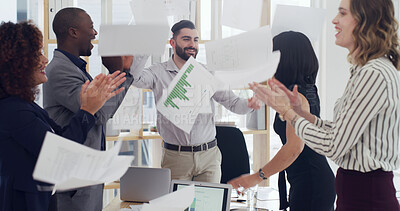 Buy stock photo Business people, celebration and throw paper for finance, success and applause for goals at company. Men, women and team with documents, graphs and excited for revenue increase at investment agency