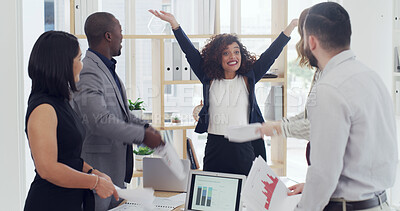 Buy stock photo Business people, celebration and woman for finance, team and achievement with profit goals at company. Men, women and group with documents, graphs or excited for revenue increase at investment agency