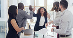 High five, support and business people in office with finance teamwork, partnership or celebration. Happy, success and group of financial advisors with good news, target or investment deal together.