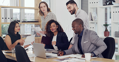 Buy stock photo Laptop, teamwork and research with business people in office for court case, lawyer and evidence review. Attorney report, settlement documents and planning with employees in law firm for trial memo