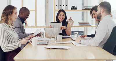 Buy stock photo People, laugh and discussion with documents, boardroom and collaboration for investment opportunity. Happy, team and group with paperwork, conversation and planning for proposal or strategy in office
