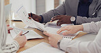 Hands, discussion and people with documents, office or financial analyst with data, team and budget. Accountant, analysis and group with paperwork for business development, meeting or plan with stats
