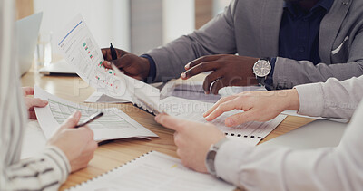 Buy stock photo Hands, discussion and people with documents, office or financial analyst with data, team and budget. Accountant, analysis and group with paperwork for business development, meeting or plan with stats
