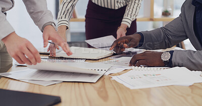 Buy stock photo Hands, planning and people with documents, office or financial analyst with data, team or discussion. Accountant, analysis and group with paperwork for business development, meeting and stats on desk