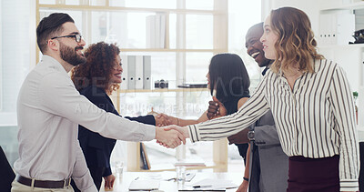Buy stock photo Shaking hands, finance partnership and business people in office with deal, greeting or welcome. Meeting, agreement and financial advisors with handshake for client investment contract in workplace.