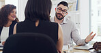 Man, report and business people in meeting for planning, strategy and brainstorming together. Communication, group and employees with proposal, workshop and training for project collaboration or idea