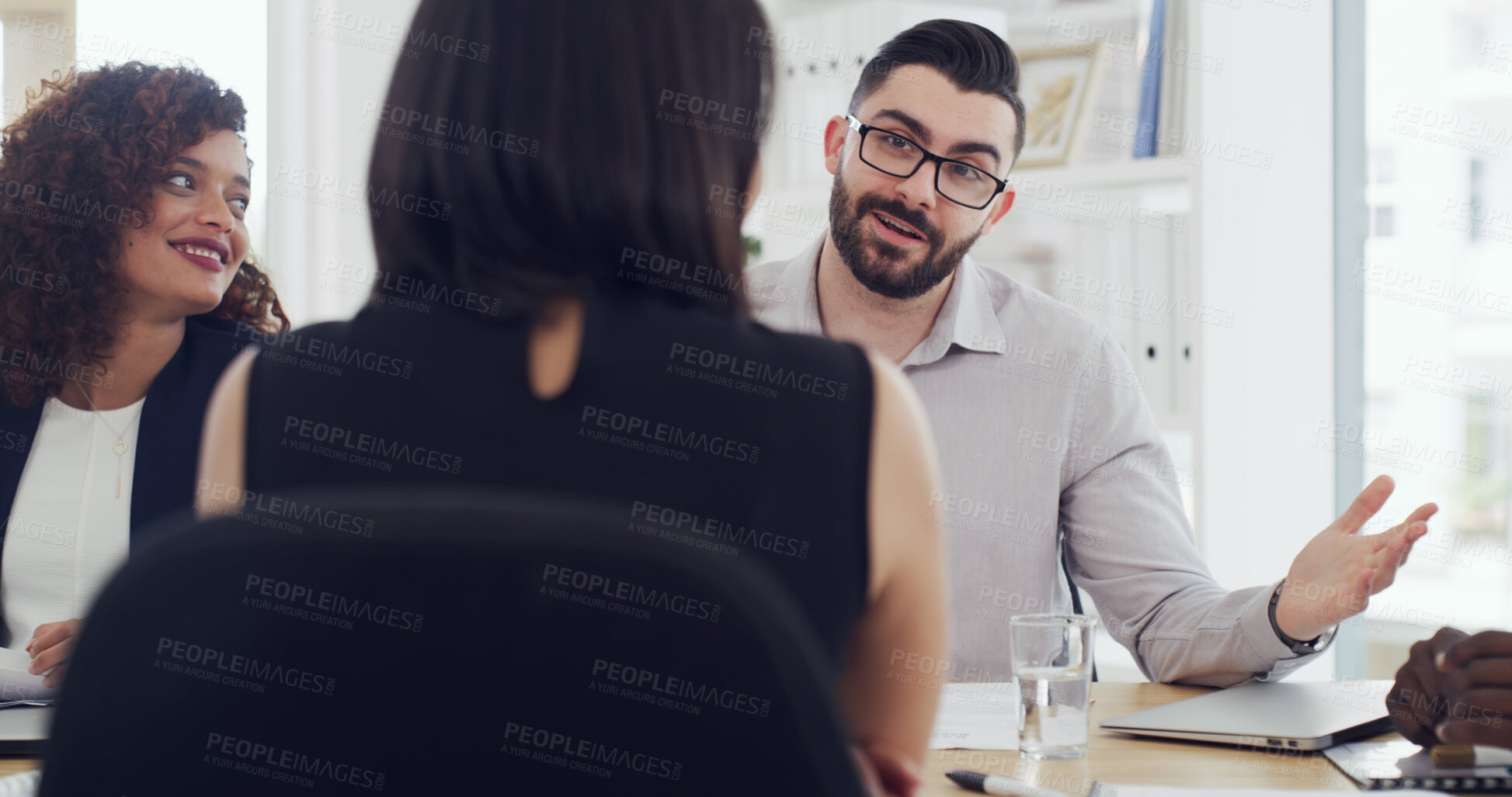 Buy stock photo Man, report and business people in meeting for planning, strategy and brainstorming together. Communication, group and employees with proposal, workshop and training for project collaboration or idea