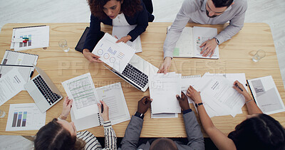 Buy stock photo Business, people and group with paperwork in office for campaign planning, KPI performance and SEO. Above, teamwork and graph documents for research strategy, analytics report or marketing management