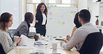 Speaker people and presentation on whiteboard in office for marketing, sales update and feedback. Woman, staff and explain information on company profit, kpi performance and pitch for revenue growth 