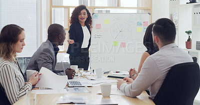 Buy stock photo Speaker people and presentation on whiteboard in office for marketing, sales update and feedback. Woman, staff and explain information on company profit, KPI performance and pitch for revenue growth