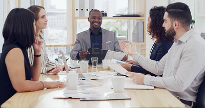 Buy stock photo Collaboration, documents and meeting with business people in boardroom of office for discussion. Conversation, paperwork and project management with employee group at work for planning or teamwork