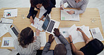 Business graph, people and group with paperwork for campaign planning, KPI performance and above. Office, teamwork and laptop screen for brainstorming data, analytics report and marketing management
