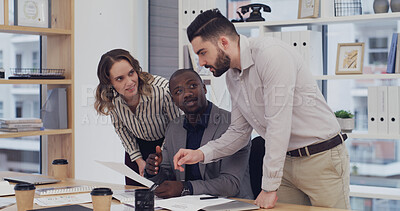 Buy stock photo Office, people and ideas with documents, meeting or planning for investment opportunity with info. Teamwork, colleagues and group with strategy for proposal, conversation or discussion with paperwork
