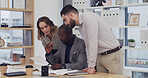 Meeting, group and discussion with documents, office and planning for project and financial analyst. Colleagues, collaboration or people with paperwork for investment opportunity, talk and corporate