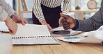 Office, meeting and hands of business people with paperwork for planning finance review or strategy. Corporate, pointing and team of workers with documents, research and financial report for proposal