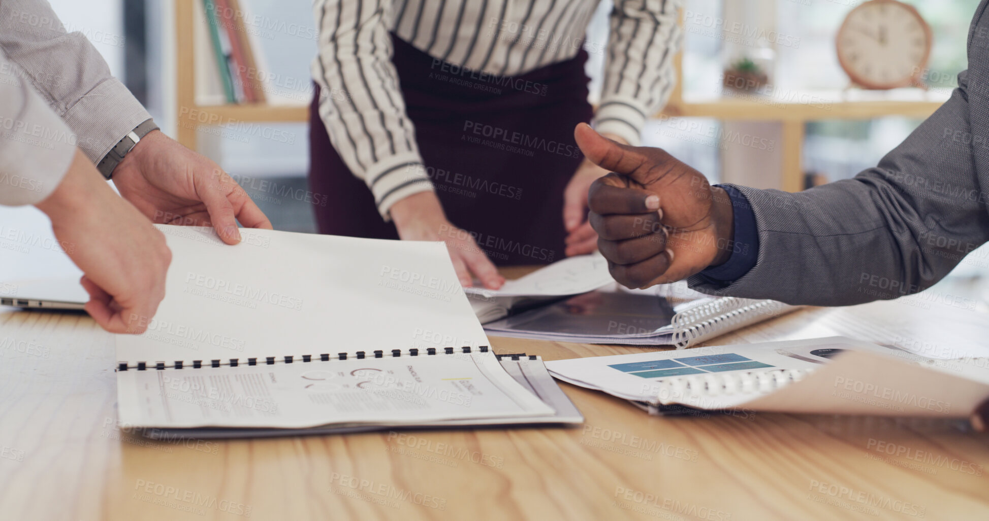 Buy stock photo Office, meeting and hands of business people with paperwork for planning finance review or strategy. Corporate, pointing and team of workers with documents, research and financial report for proposal