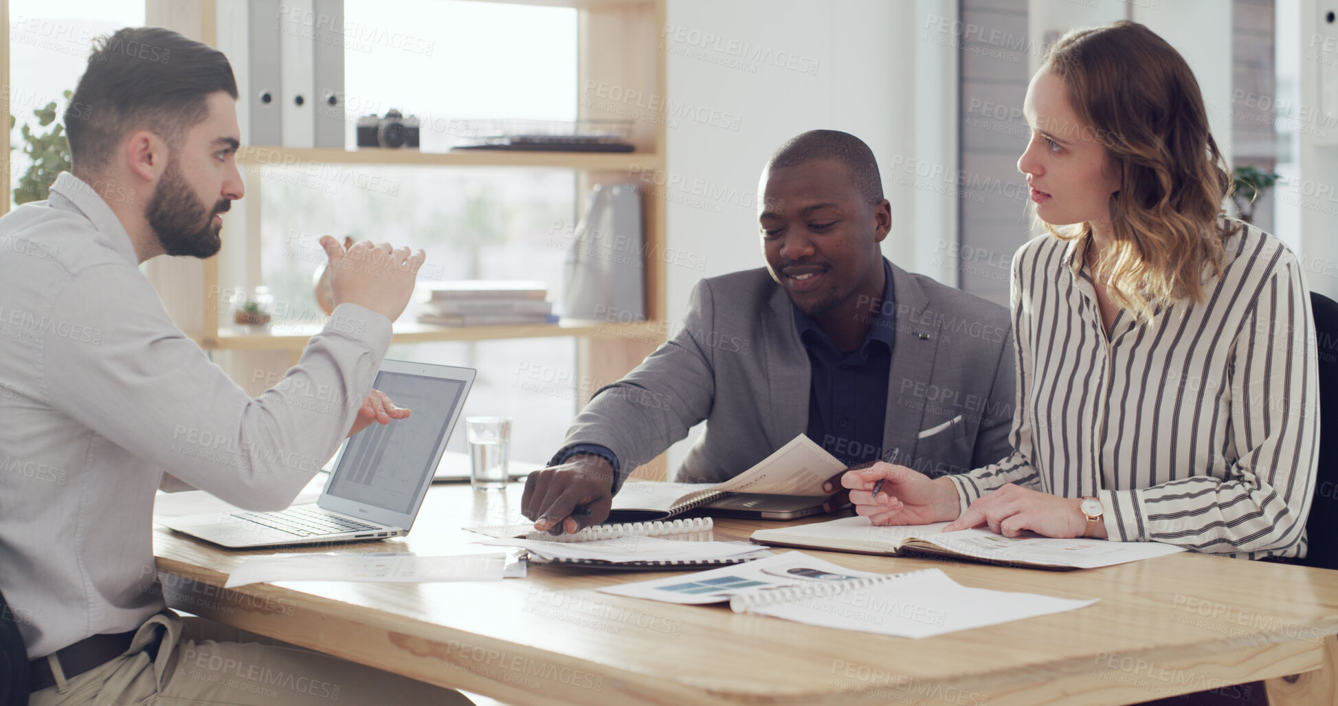 Buy stock photo Laptop, teamwork and growth with business people in meeting for sales report, revenue and research. Partnership, finance planning and review with employees in office for brainstorming and proposal
