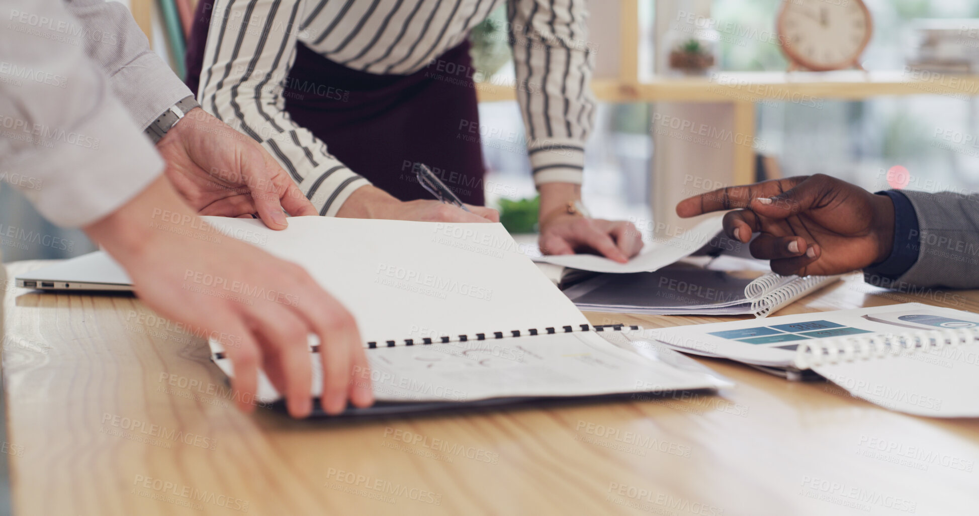 Buy stock photo Hands, team and planning with documents, office and financial analyst with data, people and meeting. Accountant, analysis and group with paperwork for business development, discussion and project