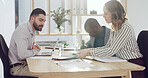 Meeting, documents and business people in office with planning for finance budget proposal. Laptop, paperwork and team of financial advisors with investment report in collaboration at workplace.