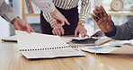 Hands, team and people with documents, office or financial analyst with data, discussion and budget. Accountant, analysis and group with paperwork for business development, meeting or plan with stats
