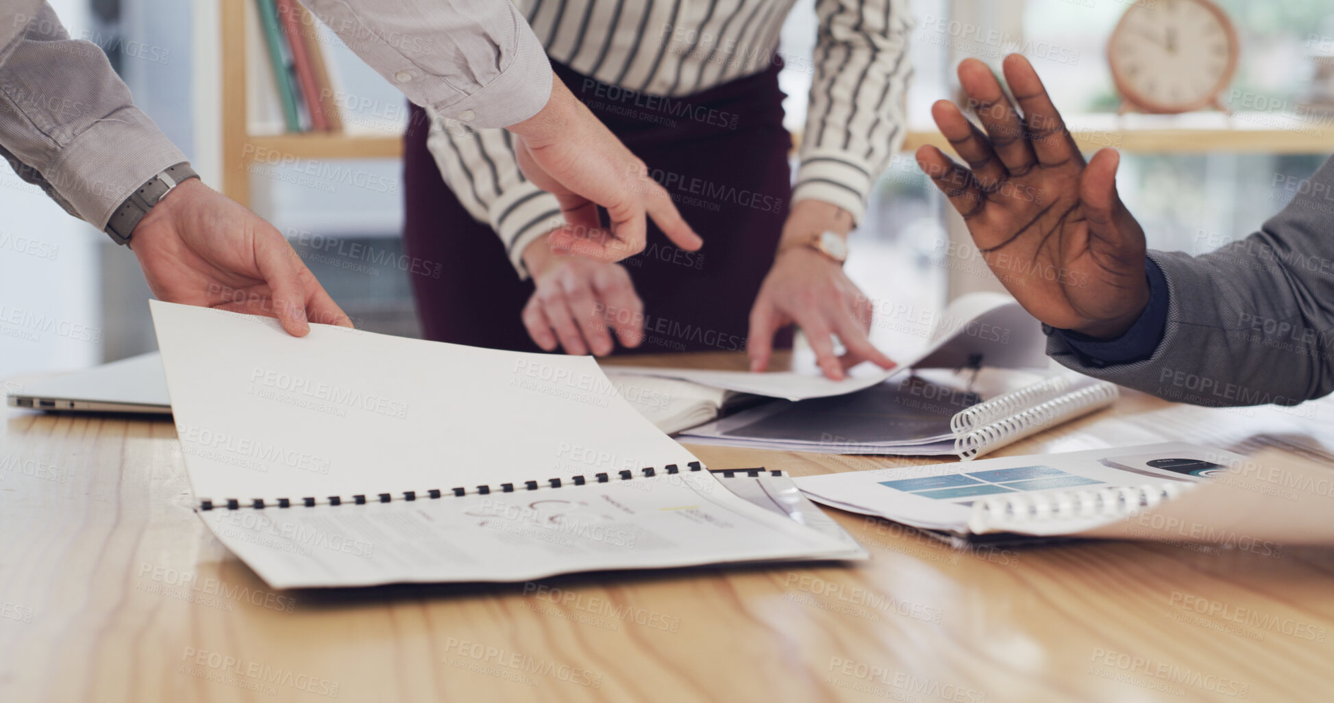 Buy stock photo Hands, team and people with documents, office or financial analyst with data, discussion and budget. Accountant, analysis and group with paperwork for business development, meeting or plan with stats