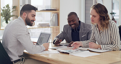 Buy stock photo Discussion, documents and business people in office with planning for finance budget proposal. Laptop, paperwork and team of financial advisors with investment report in collaboration at workplace.
