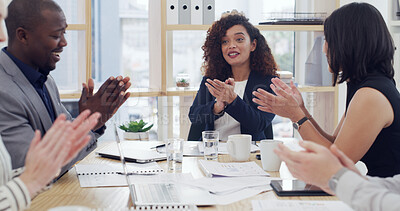 Buy stock photo Business people, meeting and teamwork with applause for success, support and positive feedback in office. Pride, praise and documents for review with clapping for collaboration and achievement